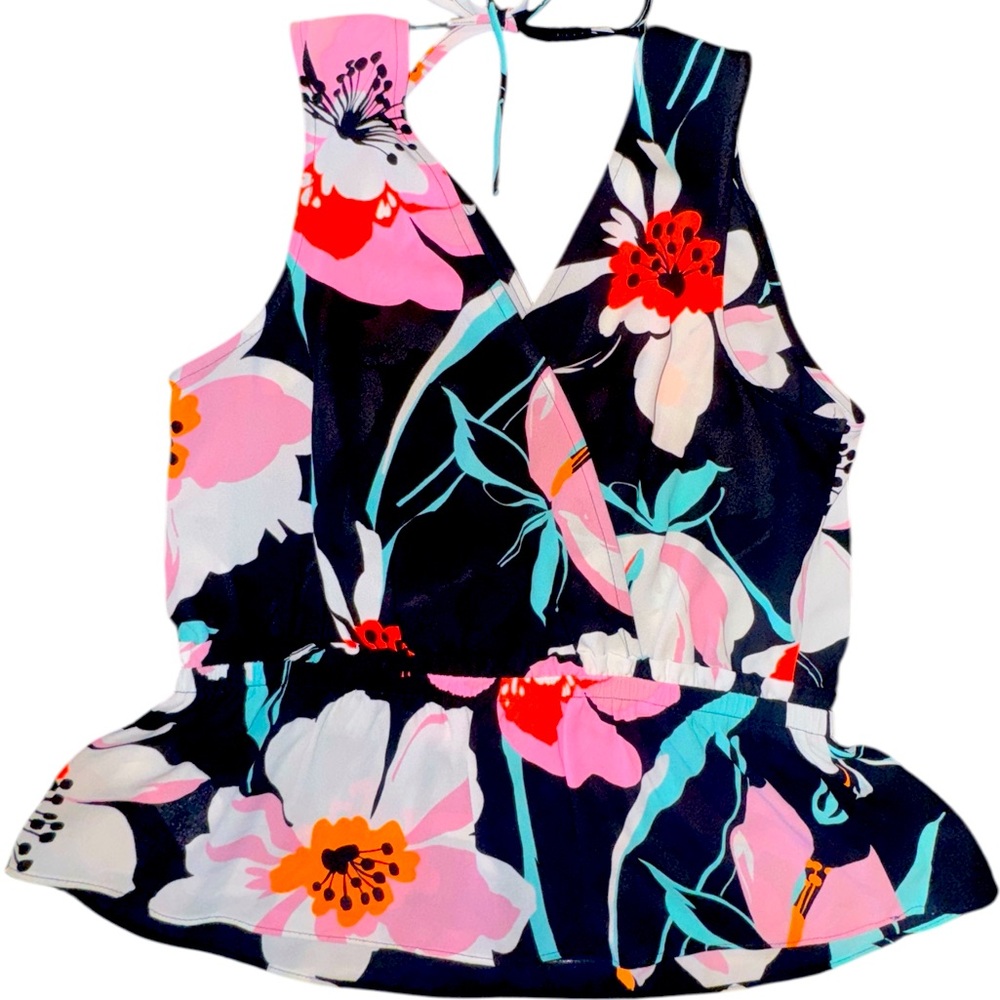 Small S/P Express Black Multi Colored Floral Surplus Halter Top Ruffled Hem EUC